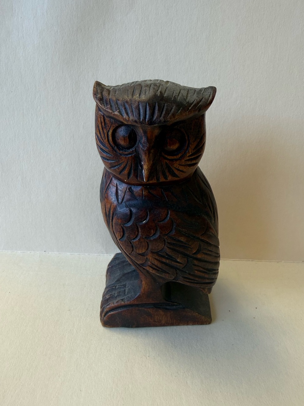Vintage MCM Hand-Carved Rich Brown Wooden Owl Figurine.